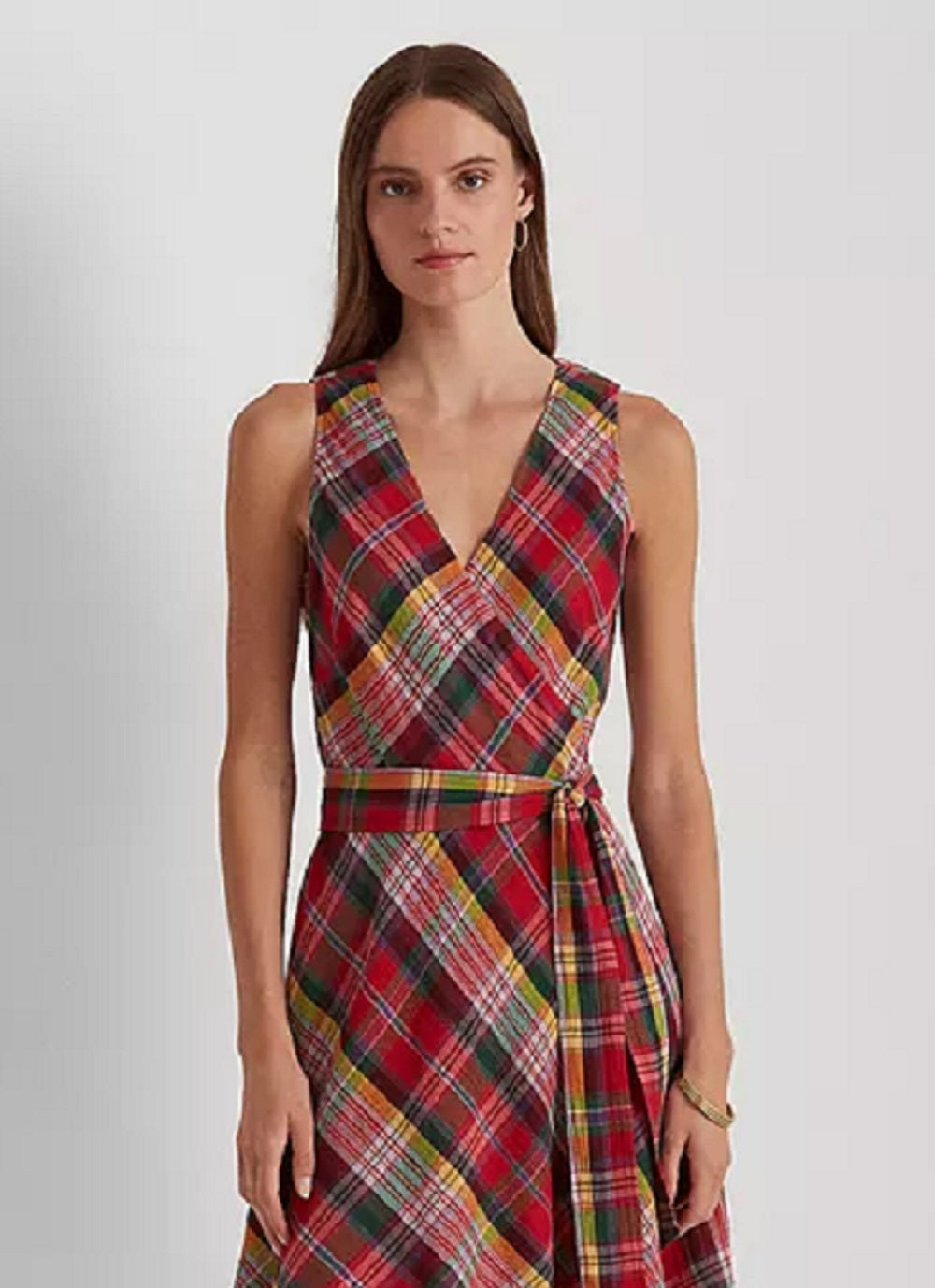 Vestido sem mangas Ralph Lauren feminino xadrez de algodão amassado, rosa, tamanho 6