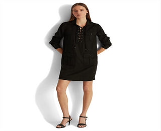 Vestido de sarja com cadarço Ralph Lauren feminino, preto, tamanho 16