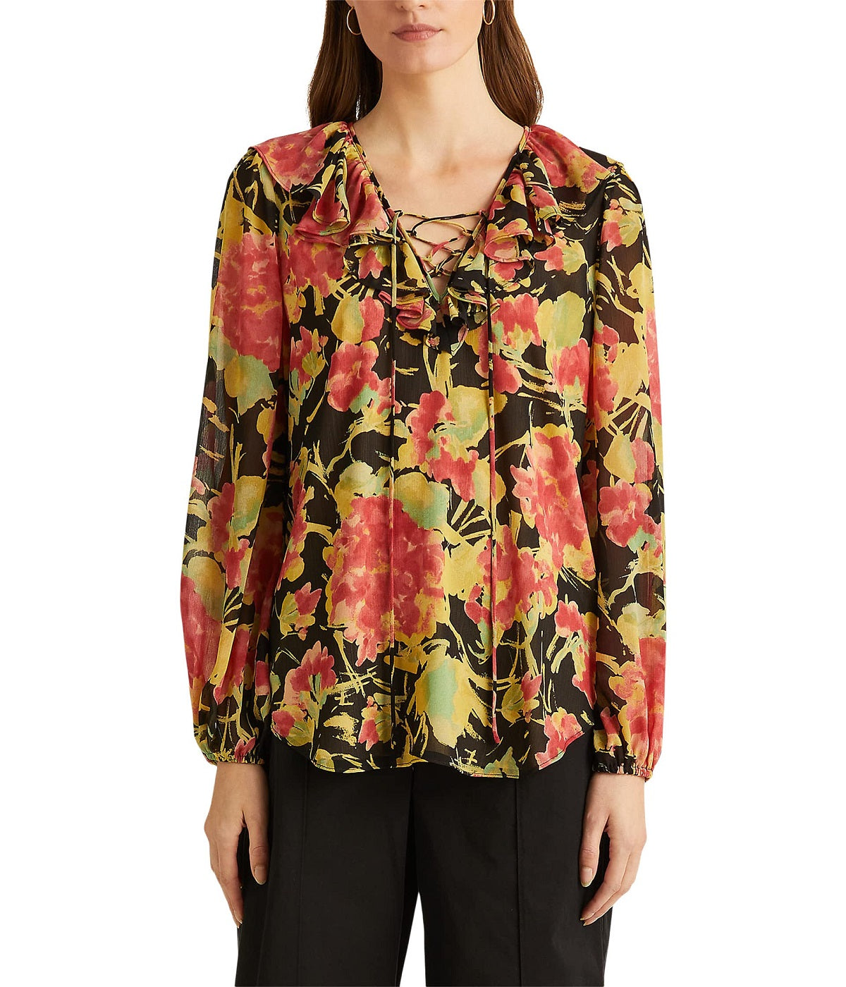 Blusa Ralph Lauren Feminina Floral Crinkle Georgette Preta Tamanho Médio