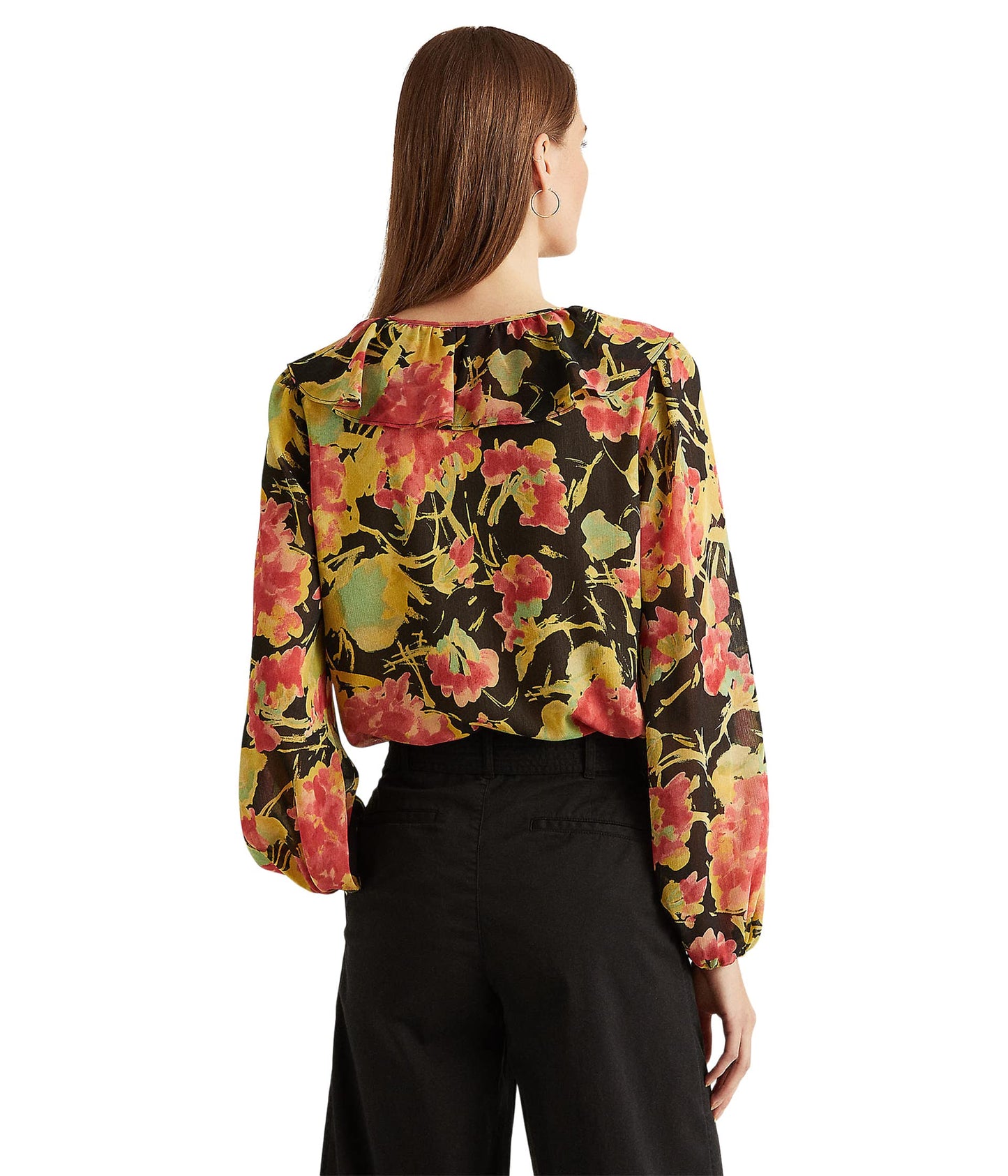 Blusa Ralph Lauren Feminina Floral Crinkle Georgette Preta Tamanho Médio