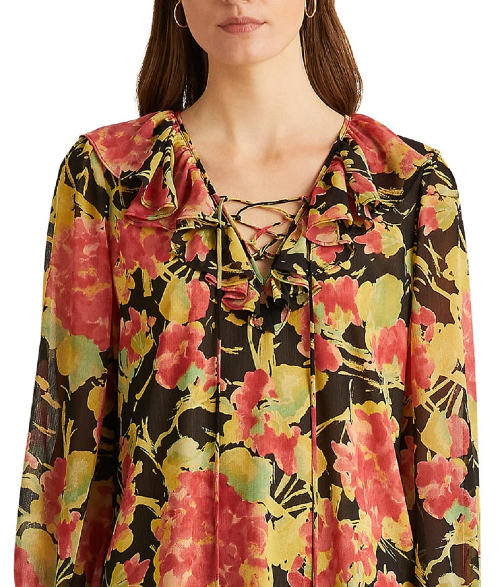Blusa Ralph Lauren Feminina Floral Crinkle Georgette Preta Tamanho Médio