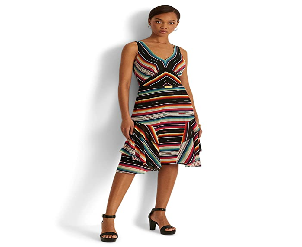 Vestido Ralph Lauren Feminino Listrado Crinkle Georgette Sem Mangas Preto Tamanho 10
