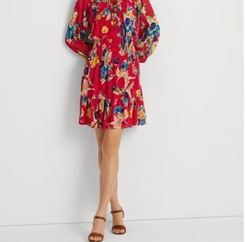 Vestido Ralph Lauren Feminino Floral Crinkle Georgette Manga Longa Azul Tamanho 6 Petite