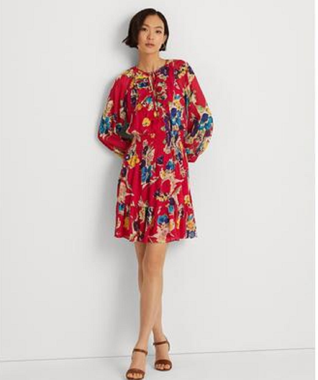 Vestido Ralph Lauren Feminino Floral Crinkle Georgette Manga Longa Azul Tamanho 6 Petite