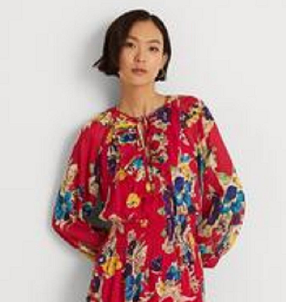 Vestido Ralph Lauren Feminino Floral Crinkle Georgette Manga Longa Azul Tamanho 6 Petite