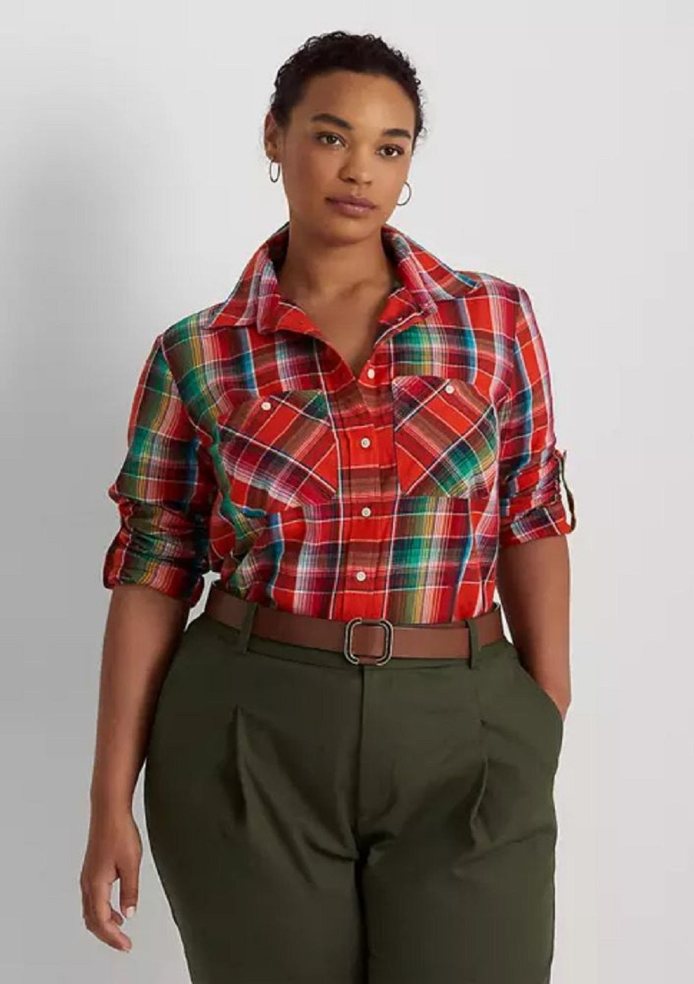 Camisa Ralph Lauren Feminina Algodão Madras Laranja Tamanho 2X