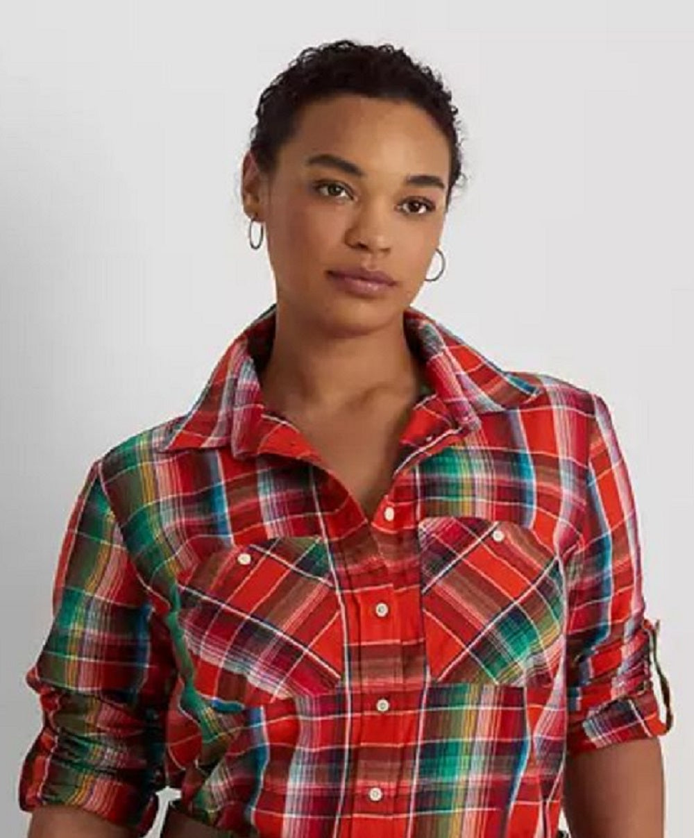 Camisa Ralph Lauren Feminina Algodão Madras Laranja Tamanho 2X