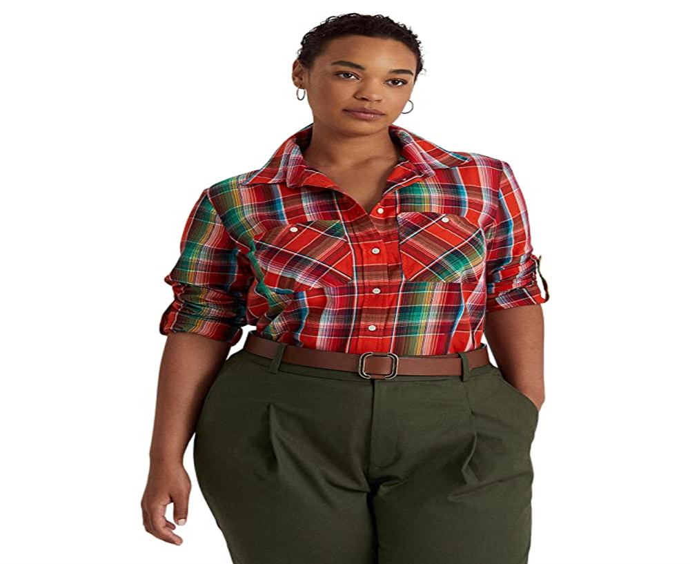 Camisa Ralph Lauren Feminina Algodão Madras Laranja Tamanho 3X