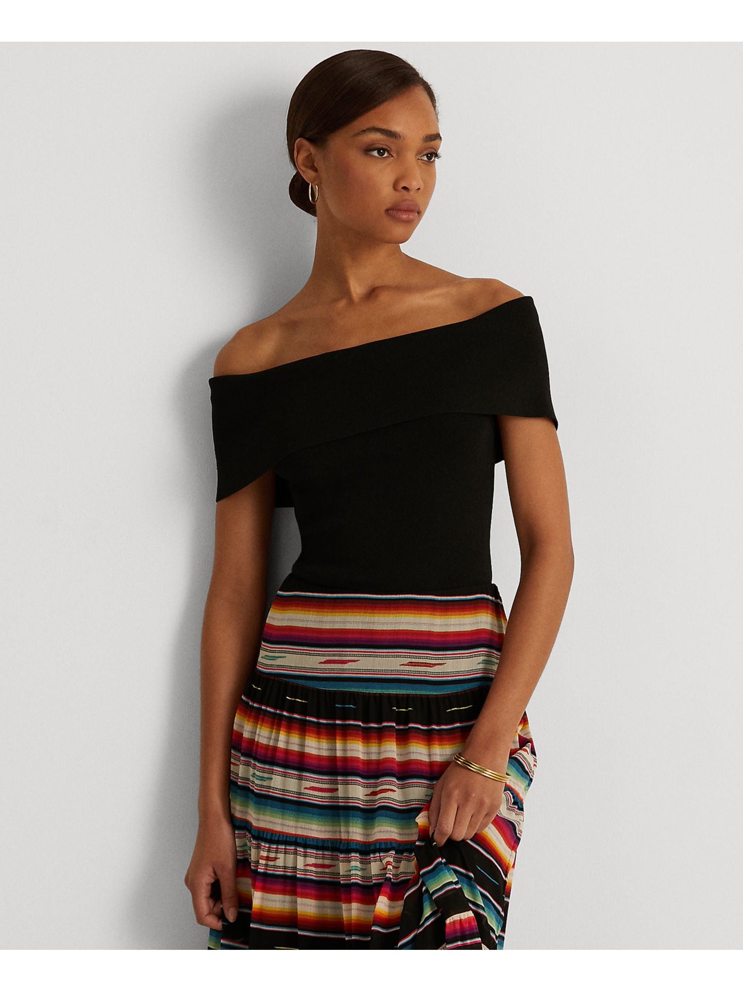 Ralph Lauren Feminino Manga Curta Canelada Ombro a Ombro Festa Top Preto Tamanho XXG