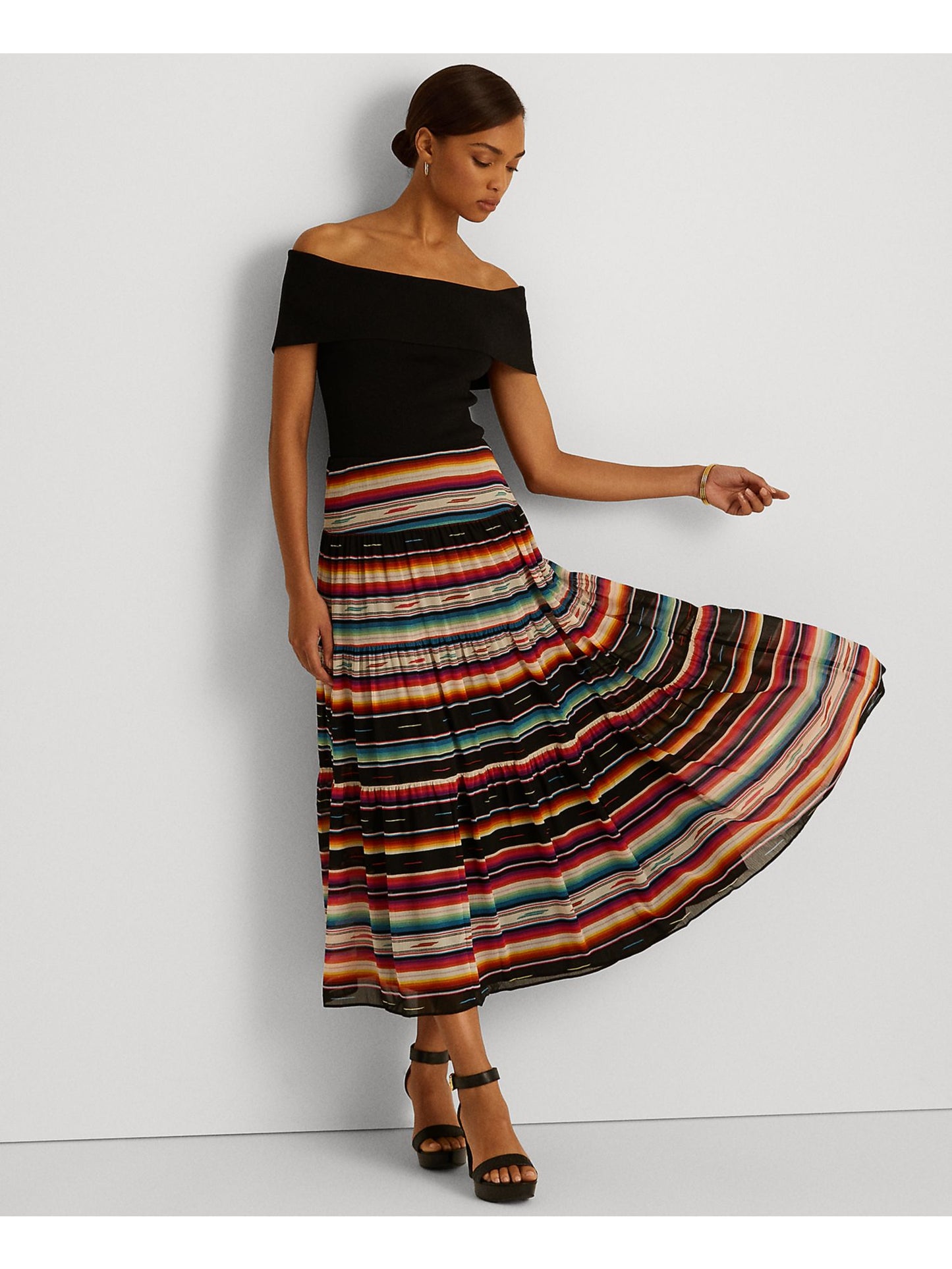 Ralph Lauren Feminino Manga Curta Canelada Ombro a Ombro Festa Top Preto Tamanho XXG