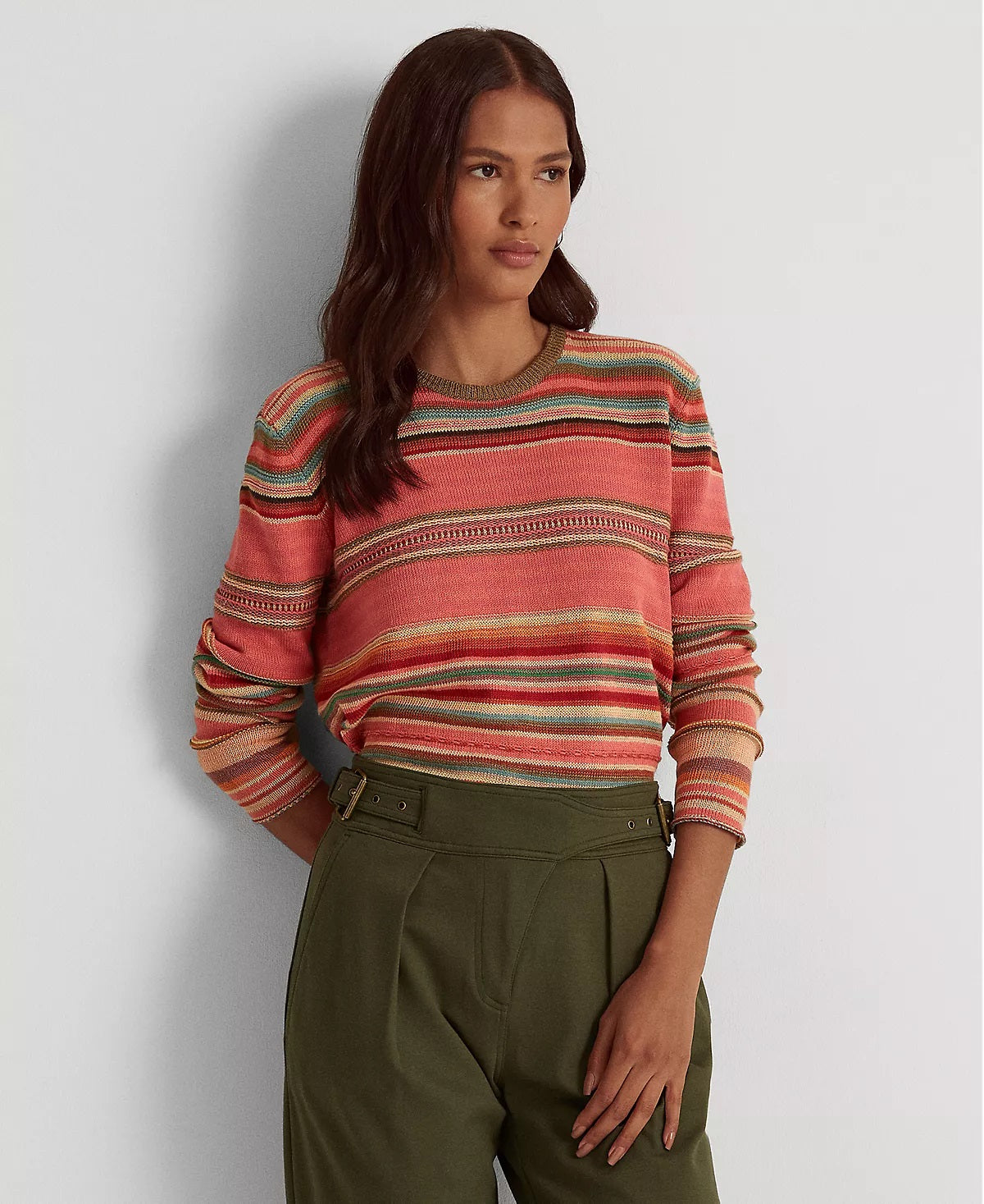 Suéter feminino listrado de algodão misto Ralph Lauren, tamanhos variados, pequeno