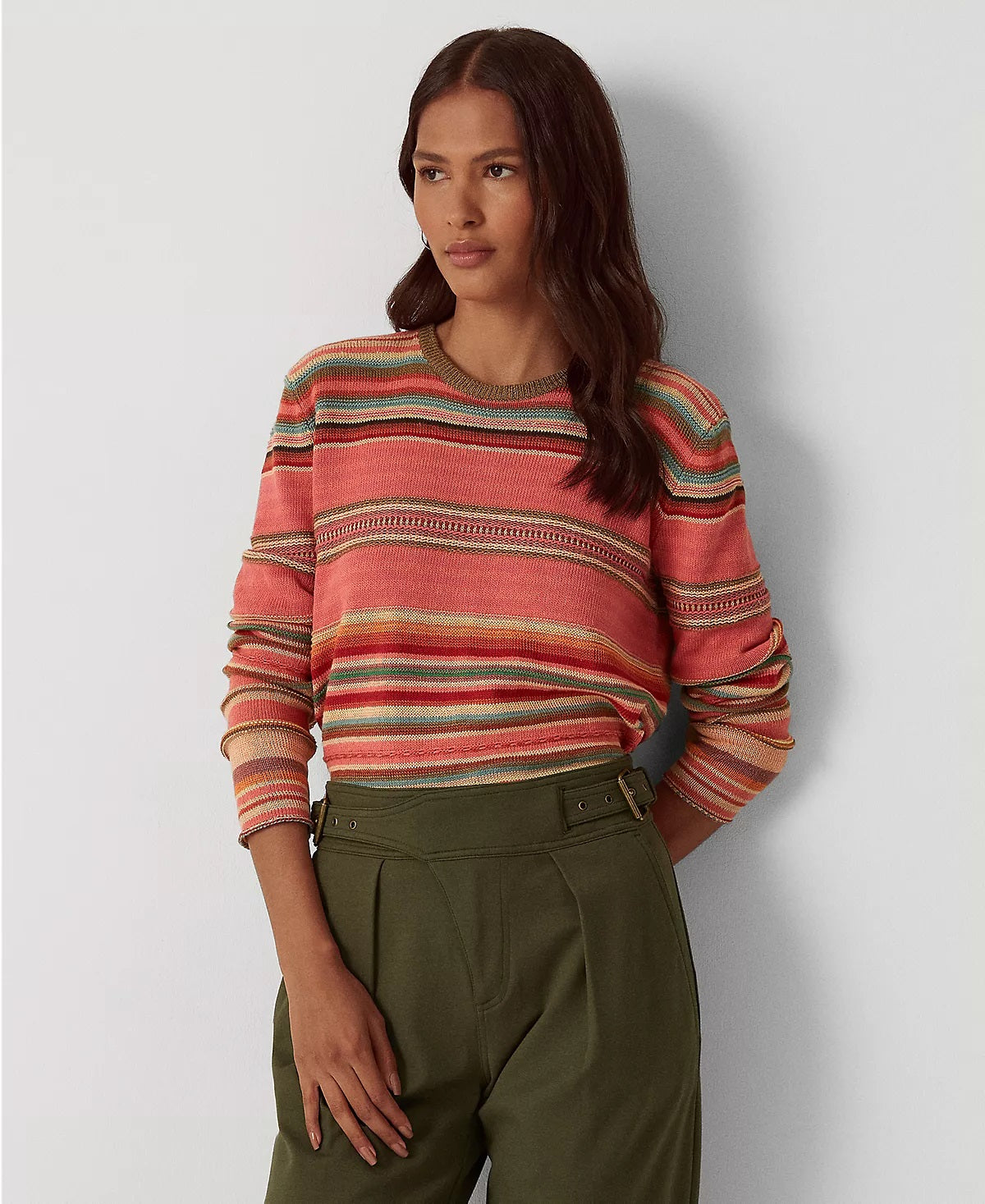 Suéter feminino listrado de algodão misto Ralph Lauren, tamanhos variados, pequeno