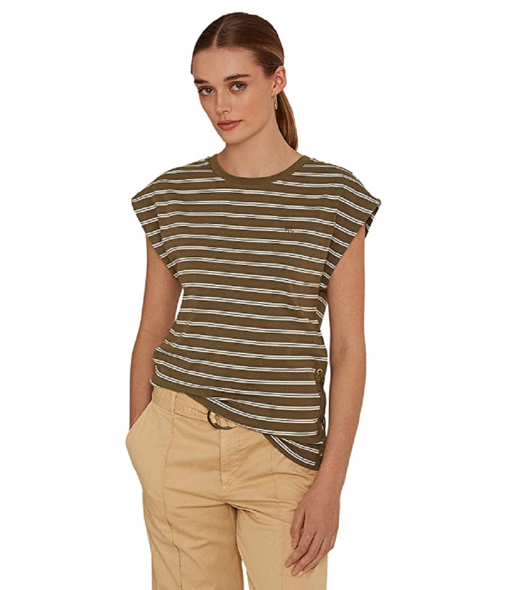 Camiseta Ralph Lauren Feminina Listrada de Algodão Elástico Verde Tamanho Grande