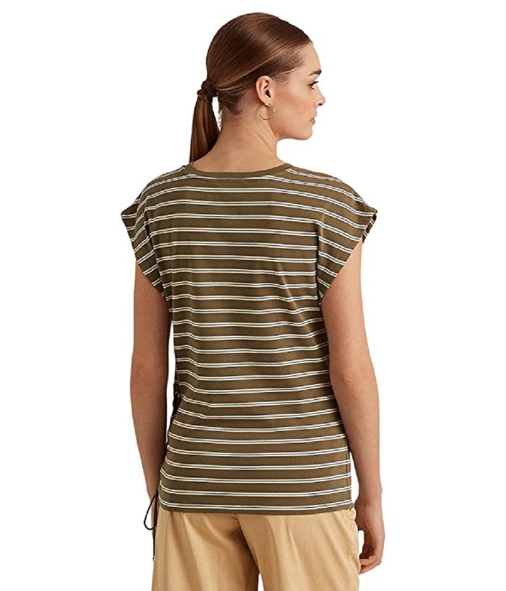 Camiseta Ralph Lauren Feminina Listrada de Algodão Elástico Verde Tamanho Grande