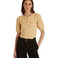 Ralph Lauren Blusa Henley Feminina de Algodão com Manga Bufante Marrom Tamanho Grande