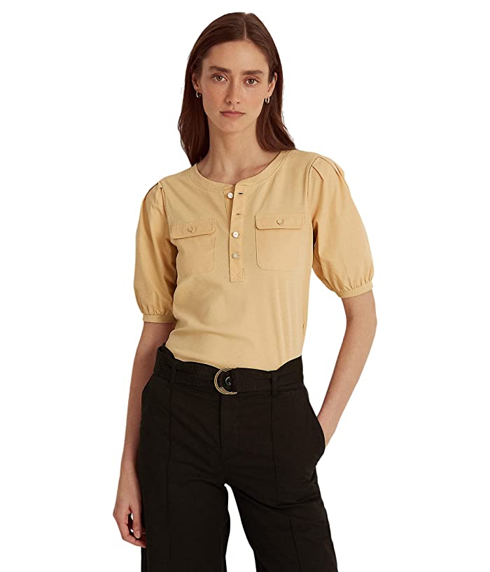 Ralph Lauren Blusa Henley Feminina de Algodão com Manga Bufante Marrom Tamanho Grande