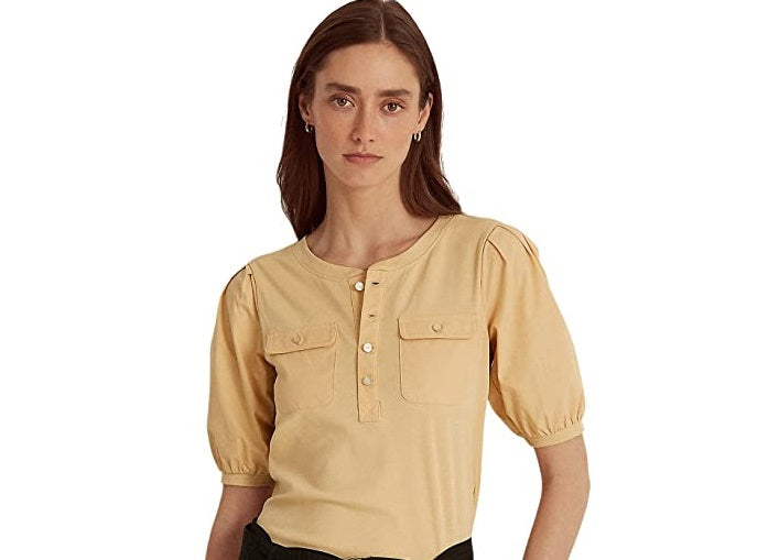 Ralph Lauren Blusa Henley Feminina de Algodão com Manga Bufante Marrom Tamanho Grande