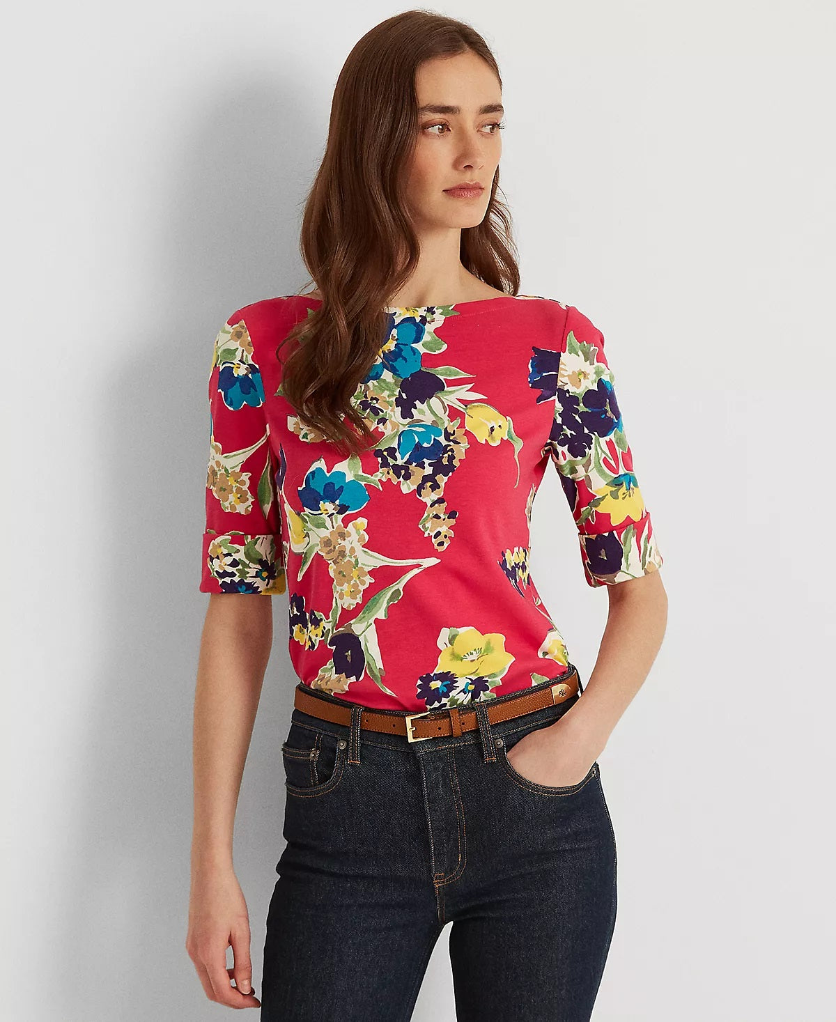 Blusa Ralph Lauren Feminina de Algodão Elástico com Decote Canoa Rosa Tamanho P