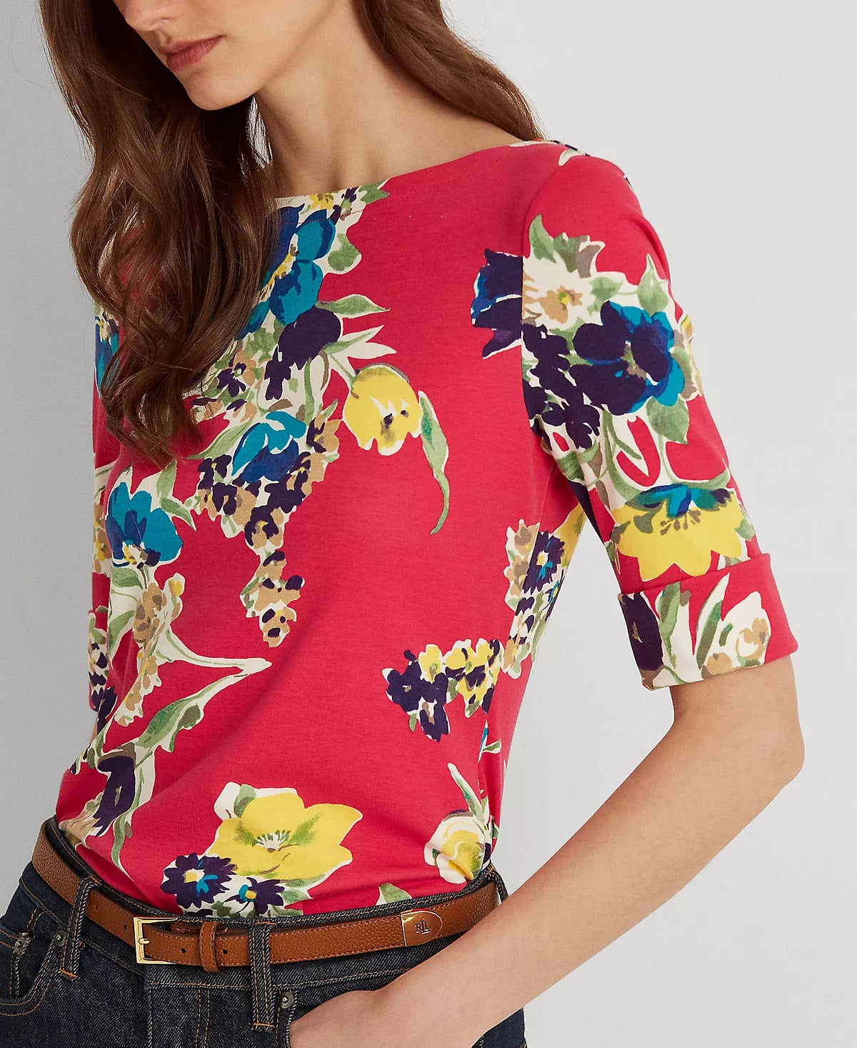 Blusa Ralph Lauren Feminina de Algodão Elástico com Decote Canoa Rosa Tamanho P