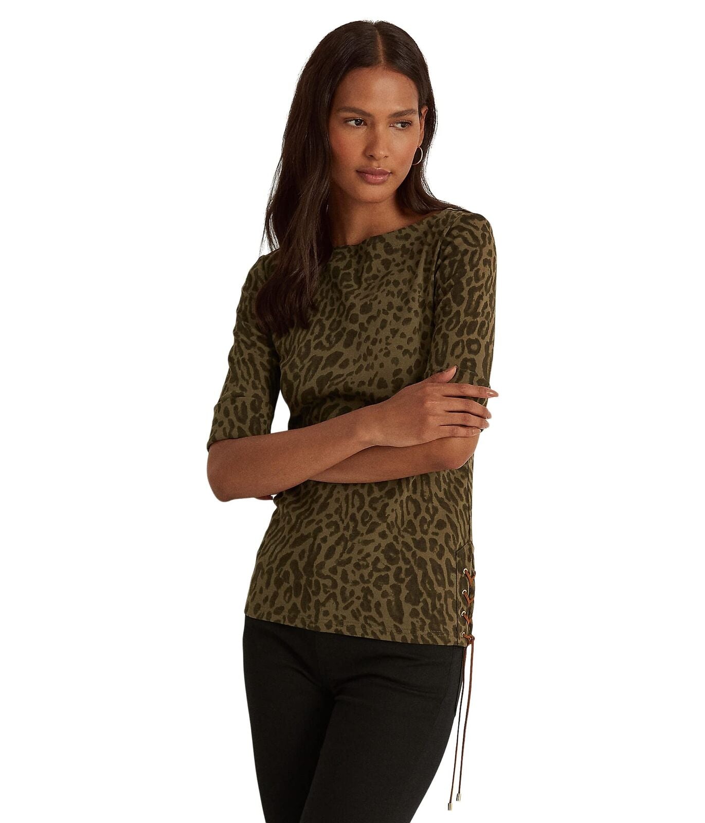 Blusa Ralph Lauren Feminina com Estampa Ocelot e Algodão Elástico e Gola Canoa Verde Tamanho P