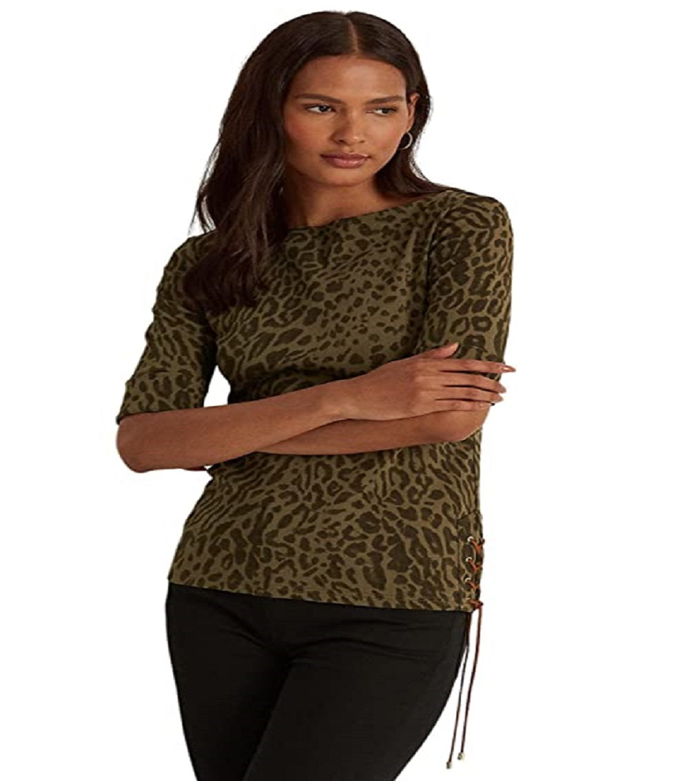 Blusa Ralph Lauren Feminina com Estampa Ocelot e Algodão Elástico, Gola Canoa, Verde, Tamanho X-G