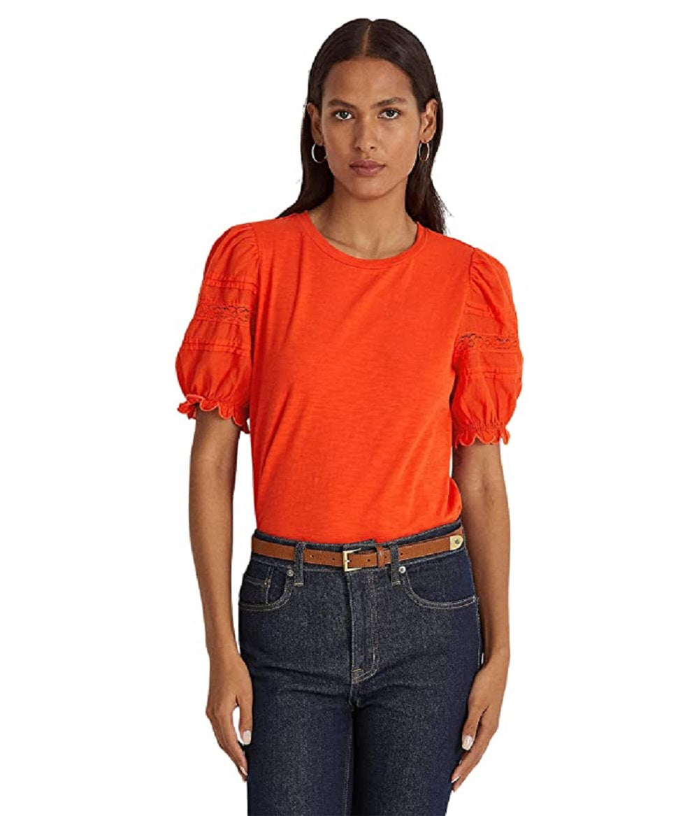 Camiseta Ralph Lauren Feminina Manga Curta com Ilhós e Gola Redonda Laranja Tamanho Grande