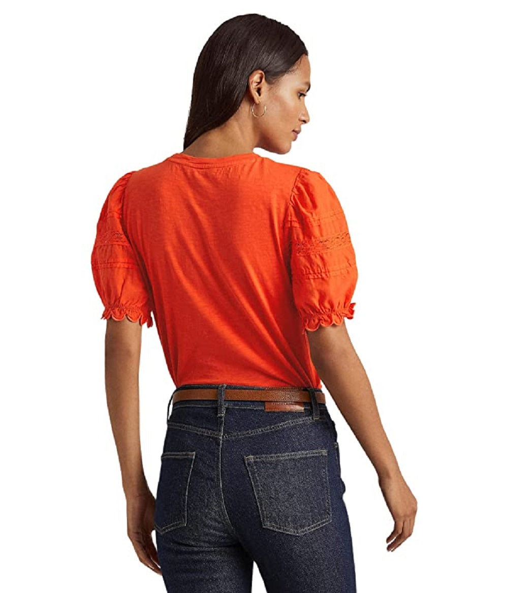 Camiseta Ralph Lauren Feminina Manga Curta com Ilhós e Gola Redonda Laranja Tamanho Grande