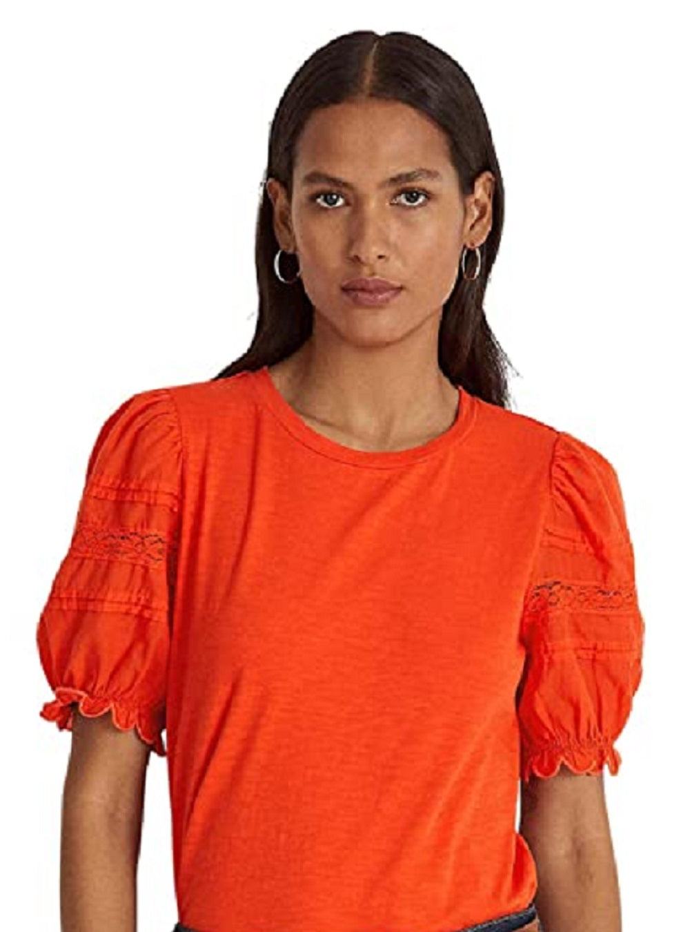 Camiseta Ralph Lauren Feminina Manga Curta com Ilhós e Gola Redonda Laranja Tamanho Grande