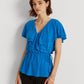 Blusa Ralph Lauren Feminina com Babados, Amarração Lateral na Cintura, Manga Flutuante e Decote Sobrepeliz, Azul, Tamanho Médio