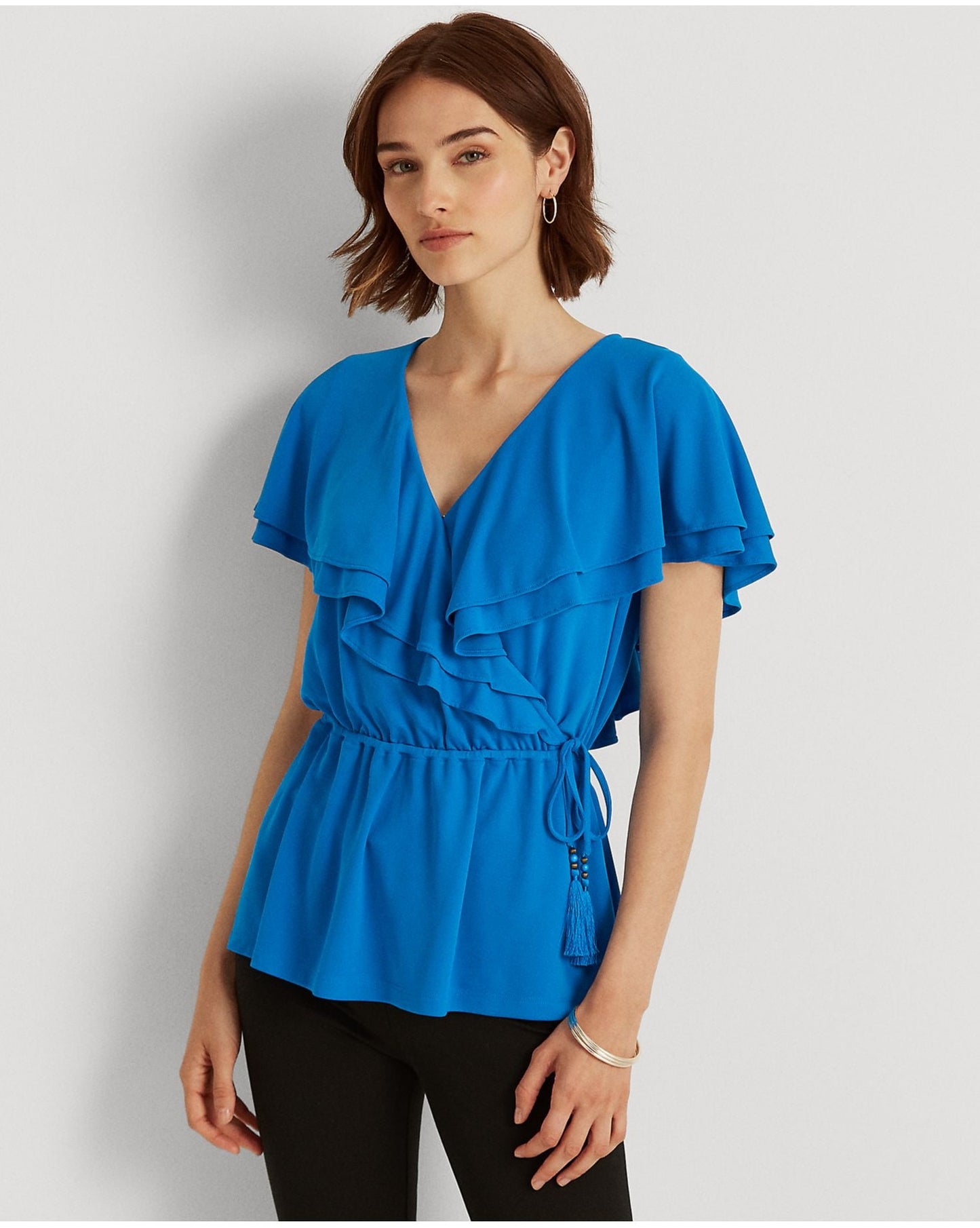 Blusa Ralph Lauren Feminina com Babados, Amarração Lateral na Cintura, Manga Flutuante e Decote Sobrepeliz, Azul, Tamanho Médio