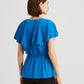 Blusa Ralph Lauren Feminina com Babados, Amarração Lateral na Cintura, Manga Flutuante e Decote Sobrepeliz, Azul, Tamanho Médio