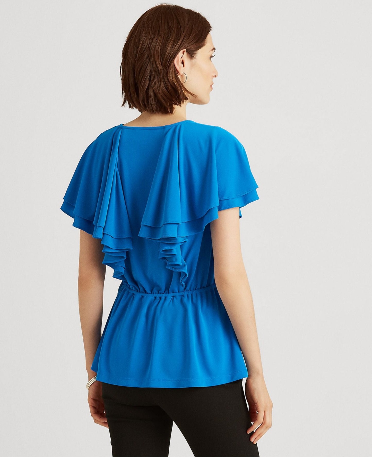 Blusa Ralph Lauren Feminina com Babados, Amarração Lateral na Cintura, Manga Flutuante e Decote Sobrepeliz, Azul, Tamanho Médio
