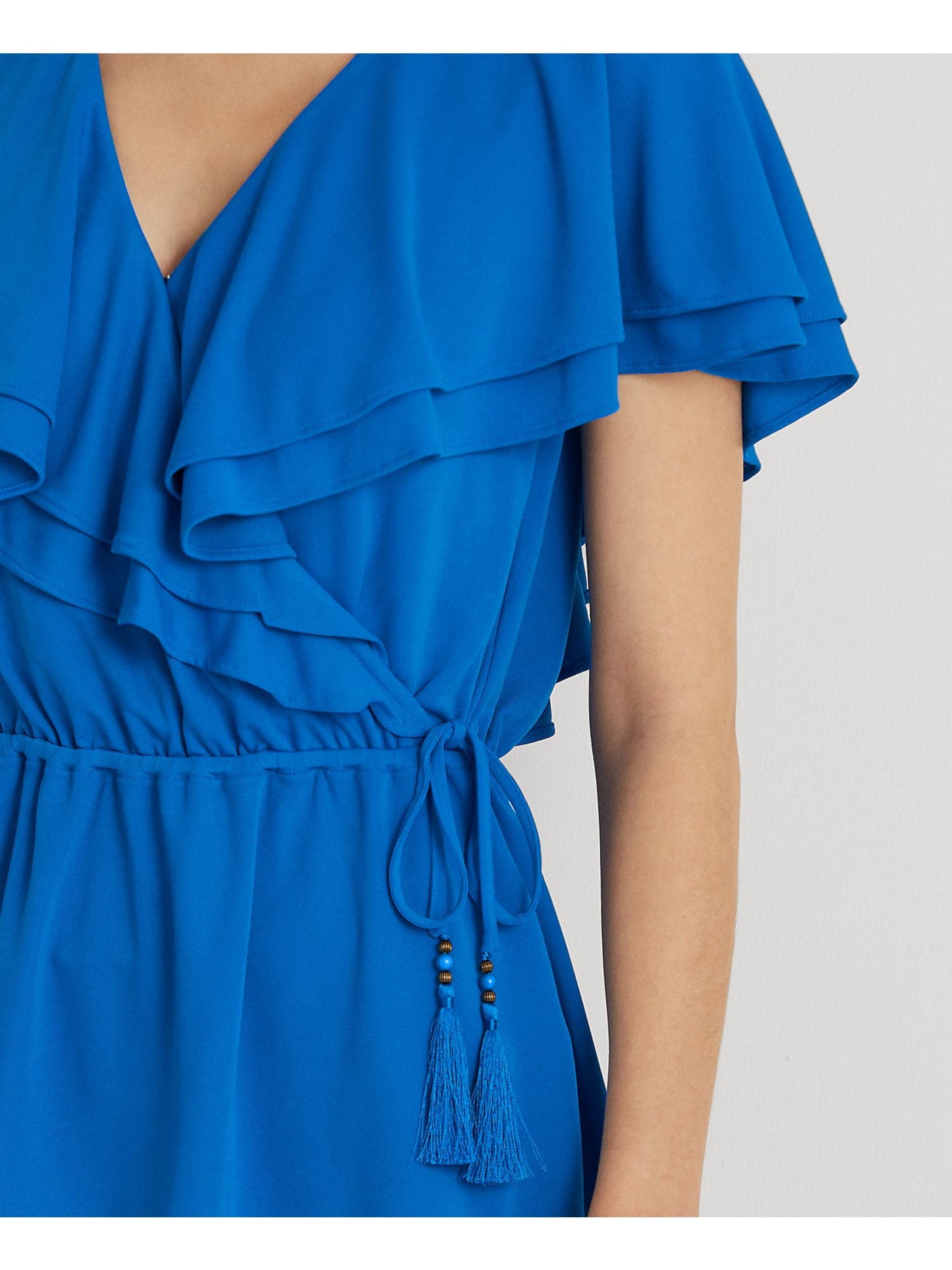 Blusa Ralph Lauren Feminina com Babados, Amarração Lateral na Cintura, Manga Flutuante e Decote Sobrepeliz, Azul, Tamanho Médio