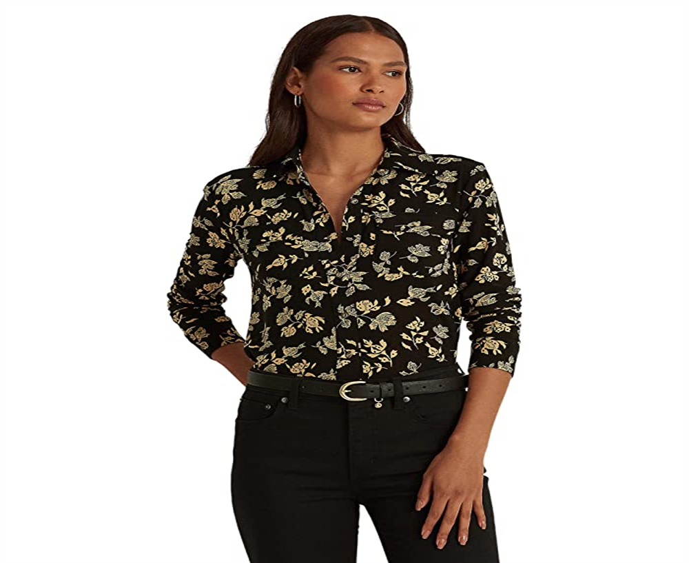 Camisa Ralph Lauren Feminina Floral Stretch Jersey Preta Tamanho Grande