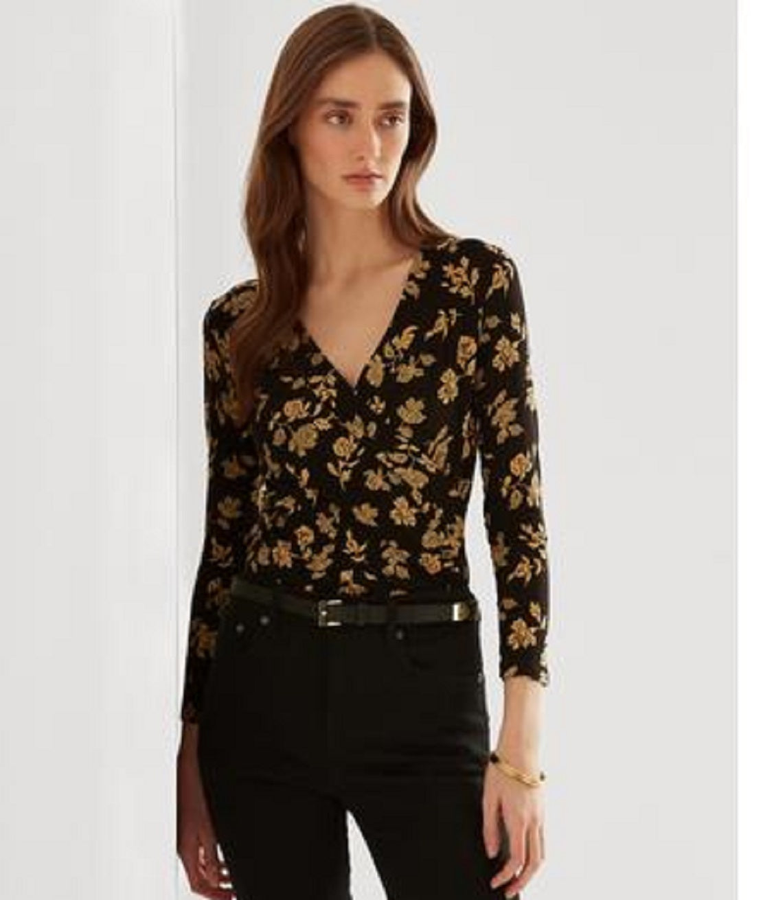 Ralph Lauren Blusa de malha elástica com sobrepeliz floral feminina, preta, tamanho extragrande