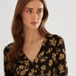 Ralph Lauren Blusa de malha elástica com sobrepeliz floral feminina, preta, tamanho extragrande