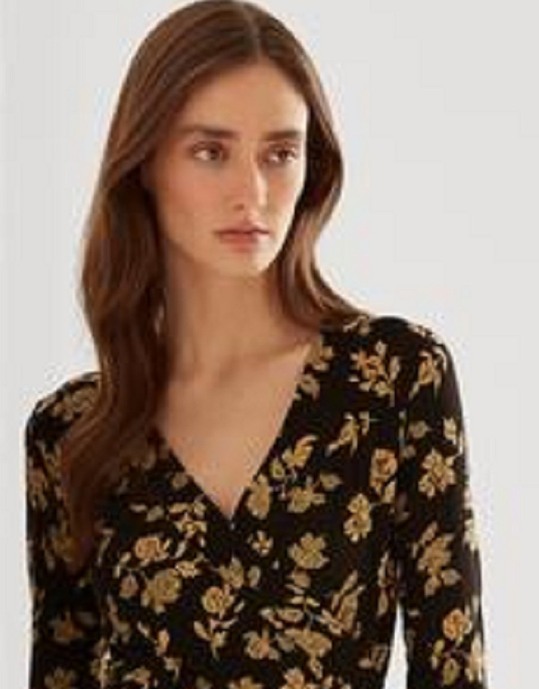 Ralph Lauren Blusa de malha elástica com sobrepeliz floral feminina, preta, tamanho extragrande