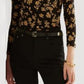 Ralph Lauren Blusa de malha elástica com sobrepeliz floral feminina, preta, tamanho extragrande