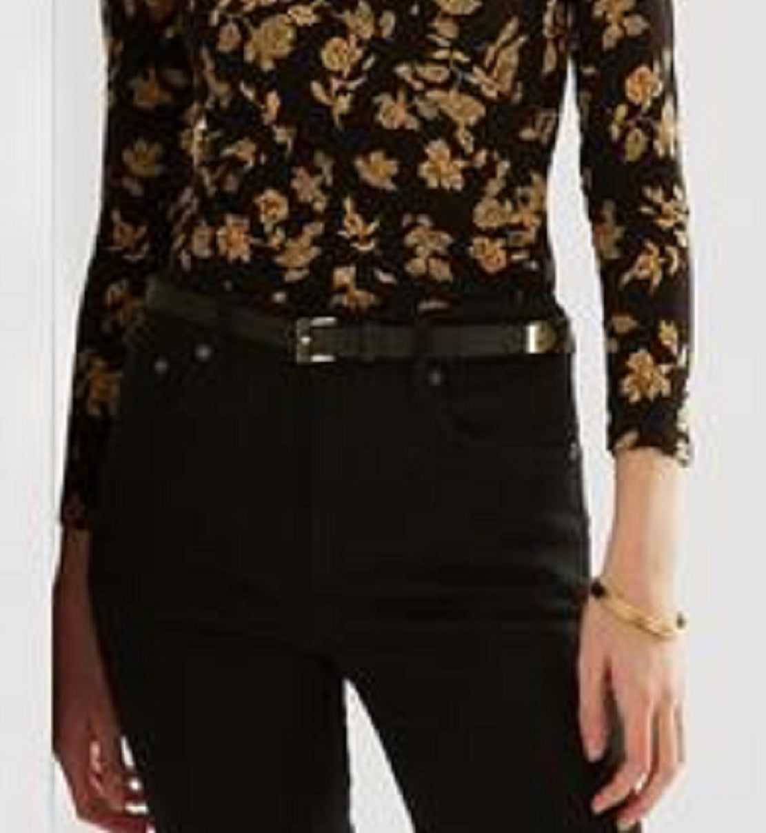 Ralph Lauren Blusa de malha elástica com sobrepeliz floral feminina, preta, tamanho extragrande