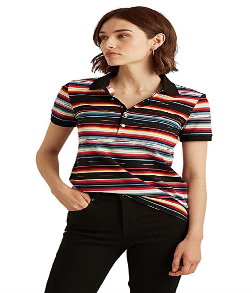 Camisa polo feminina listrada Ralph Lauren Piquet Preta Tamanho Grande