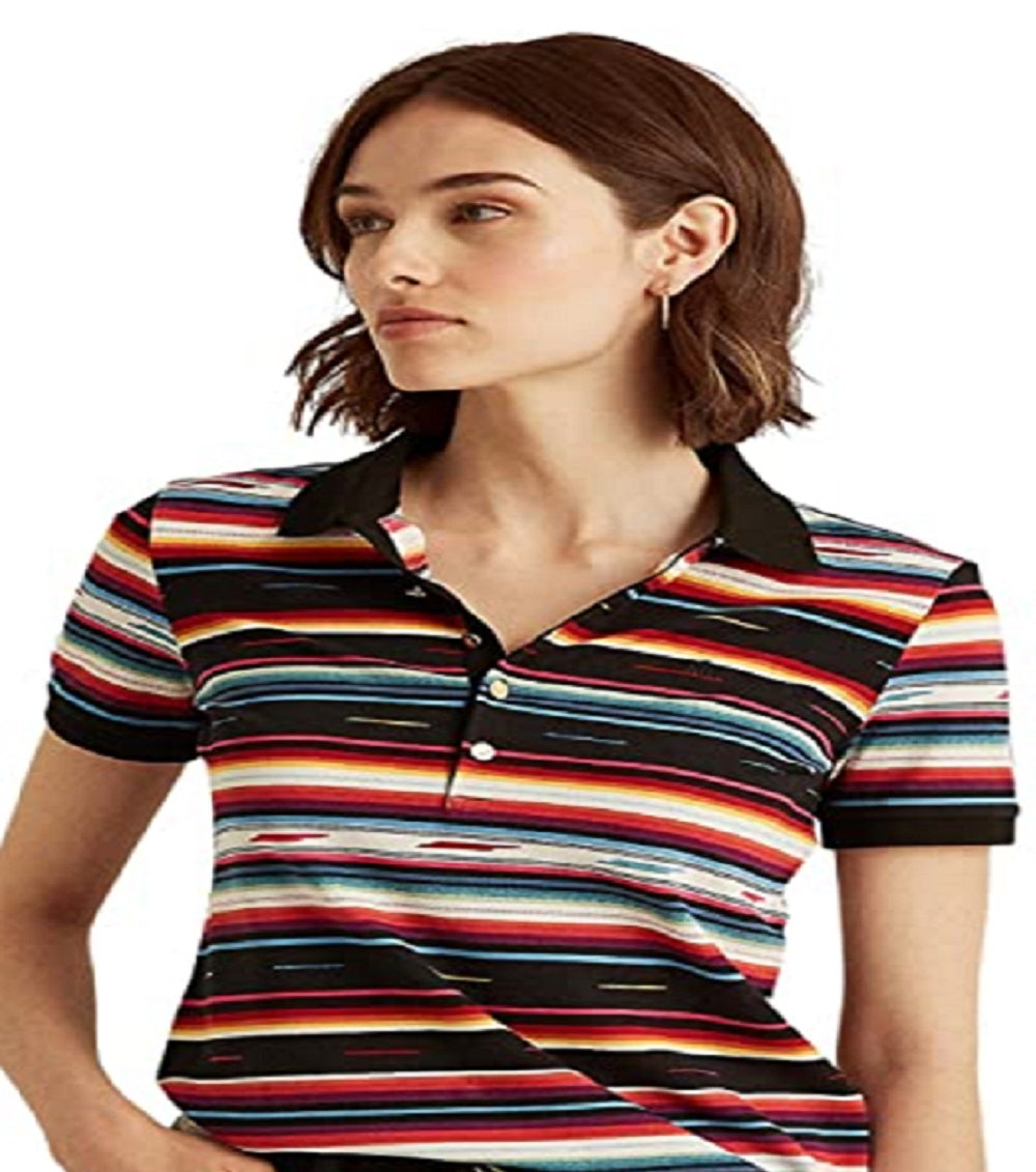 Camisa polo feminina listrada Ralph Lauren Piquet Preta Tamanho Grande