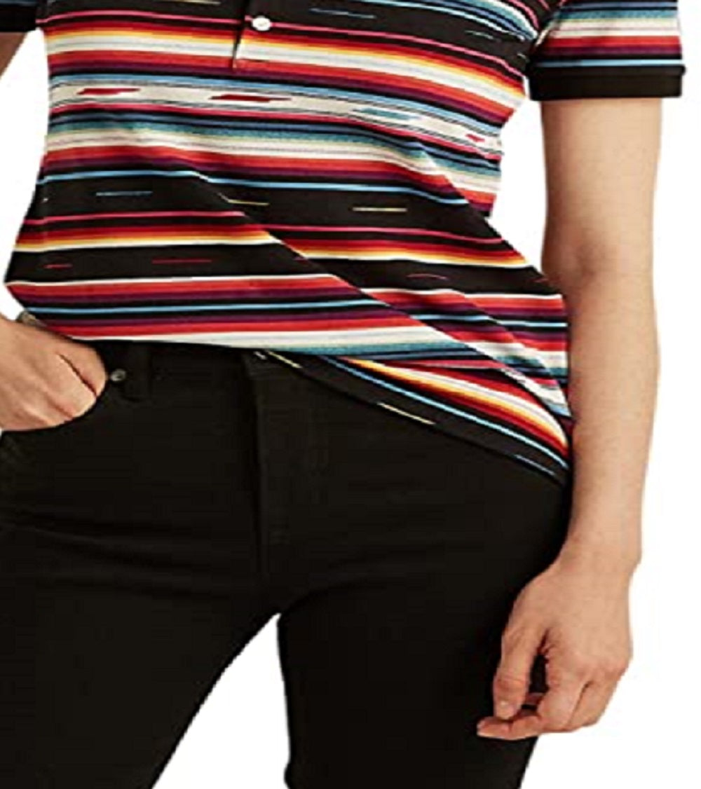 Camisa polo feminina listrada Ralph Lauren Piquet Preta Tamanho Grande