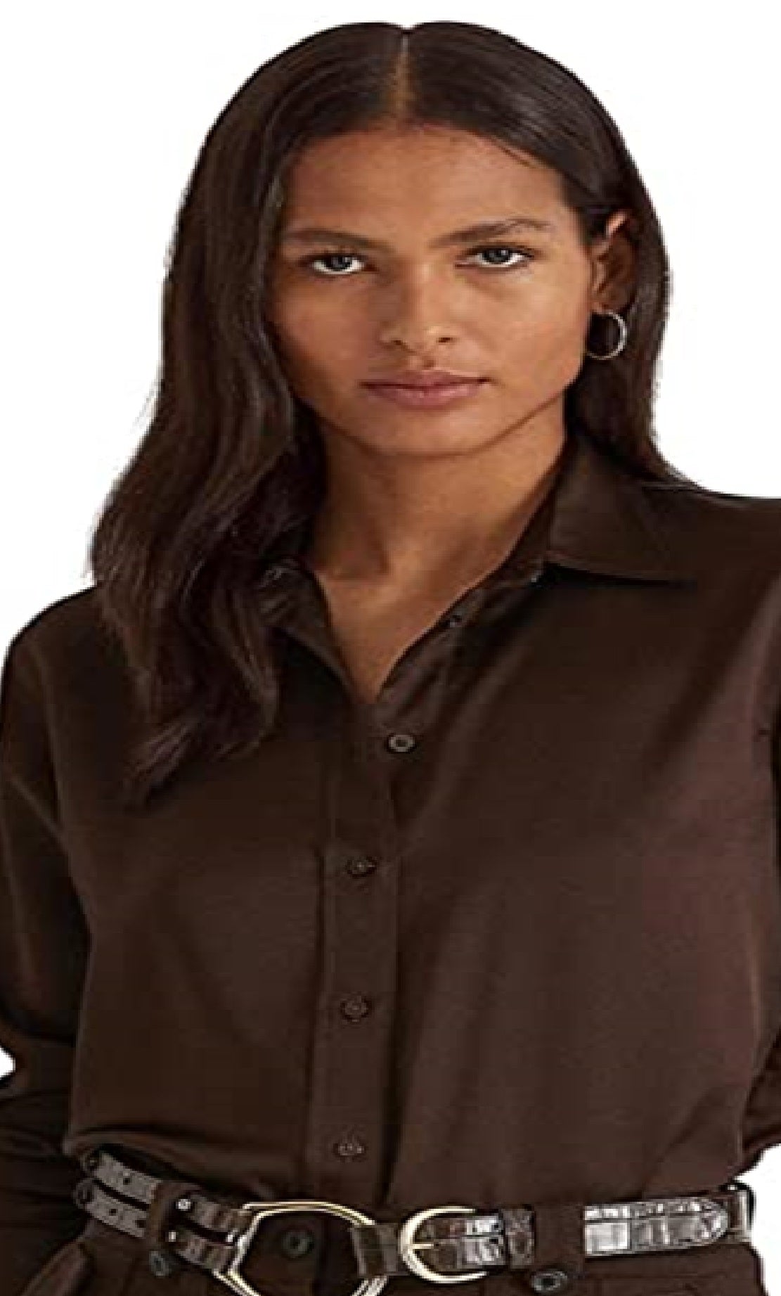 Camisa Ralph Lauren Charmeuse de cetim feminina marrom tamanho grande