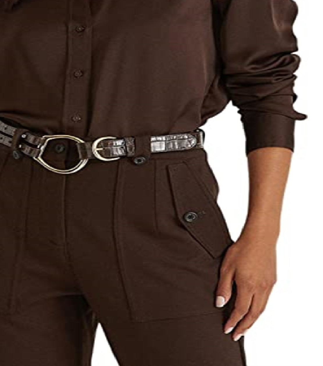 Camisa Ralph Lauren Charmeuse de cetim feminina marrom tamanho grande
