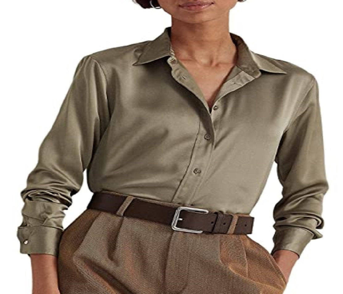 Camisa Ralph Lauren Charmeuse de cetim feminina, verde, tamanho pequeno