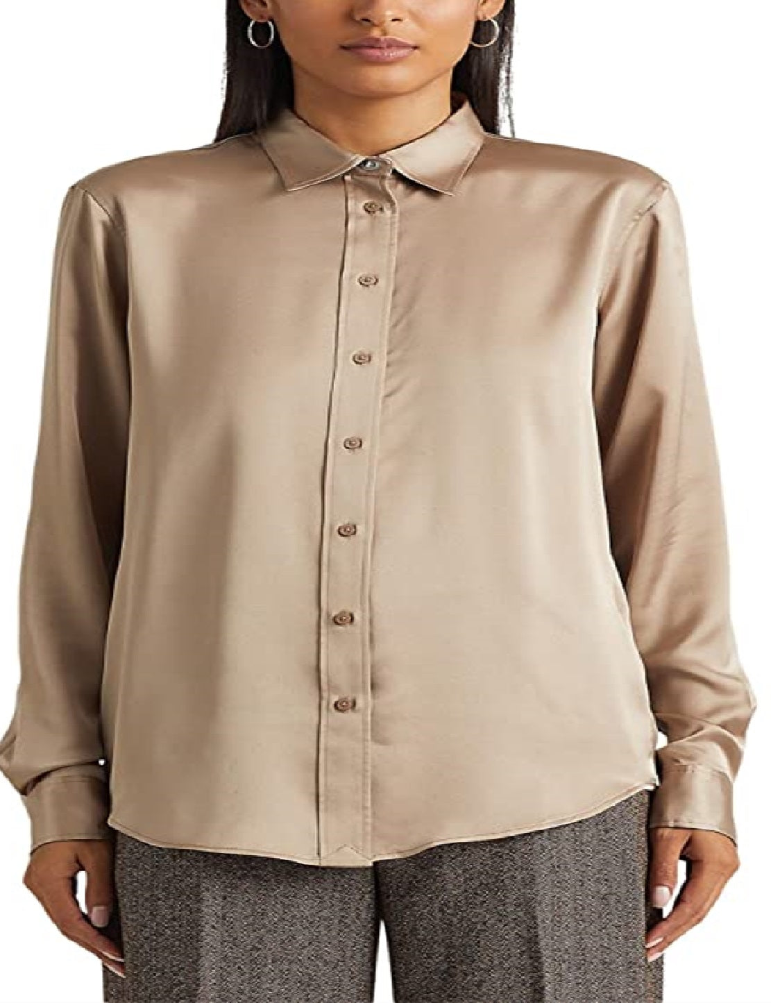 Camisa Ralph Lauren Charmeuse de cetim feminina marrom tamanho grande