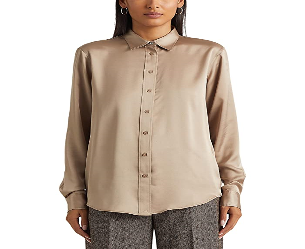 Camisa Ralph Lauren Charmeuse de cetim feminina marrom tamanho pequeno