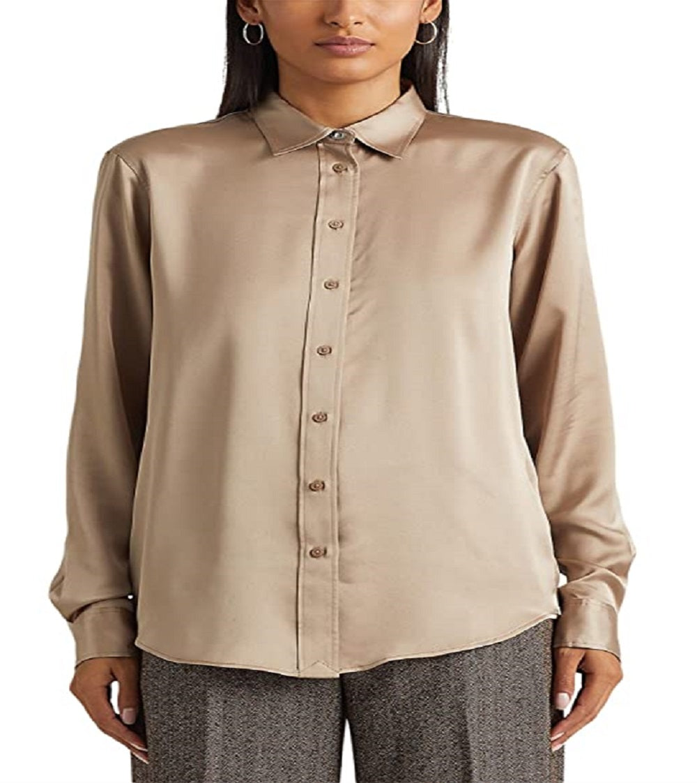 Camisa Ralph Lauren Charmeuse de cetim feminina marrom tamanho X pequeno