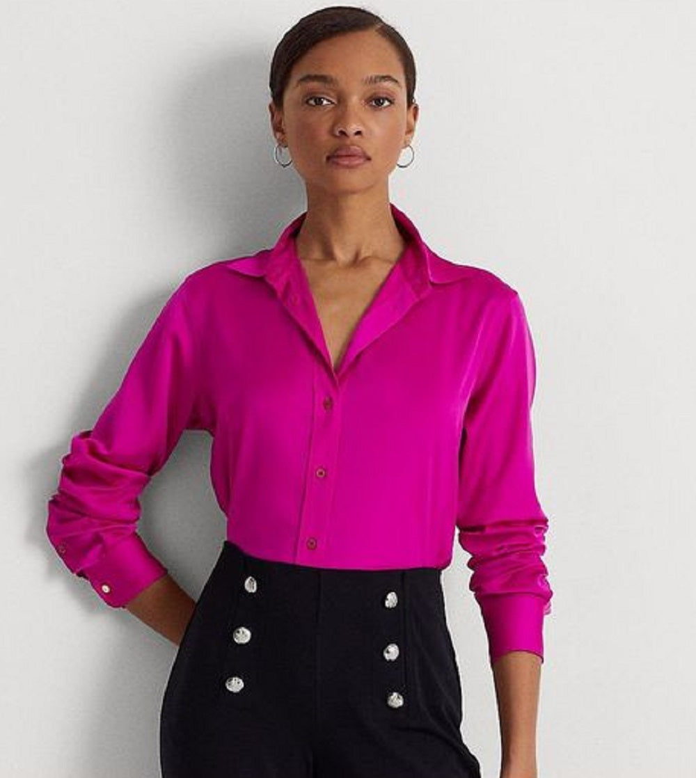 Camisa Ralph Lauren Charmeuse de cetim feminina rosa tamanho X-S