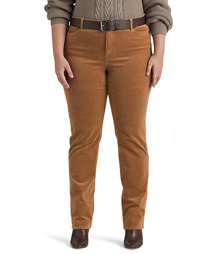 Calça reta Ralph Lauren feminina de veludo cotelê, cintura média, marrom, tamanho 16W